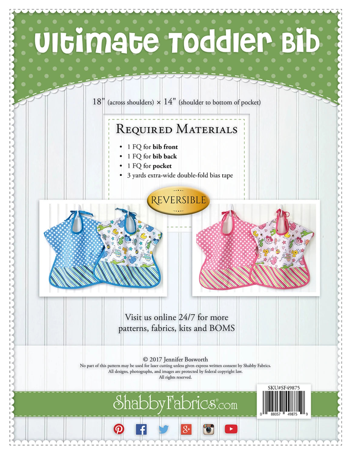 Ultimate Toddler Bib by Shabby Fabrics - PAPER PATTERN