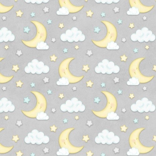 1437-90 Gray with Clouds and Moon - Sleepy Bear 2-ply Flannel fabrics for Henry Glass & Co 1437-90