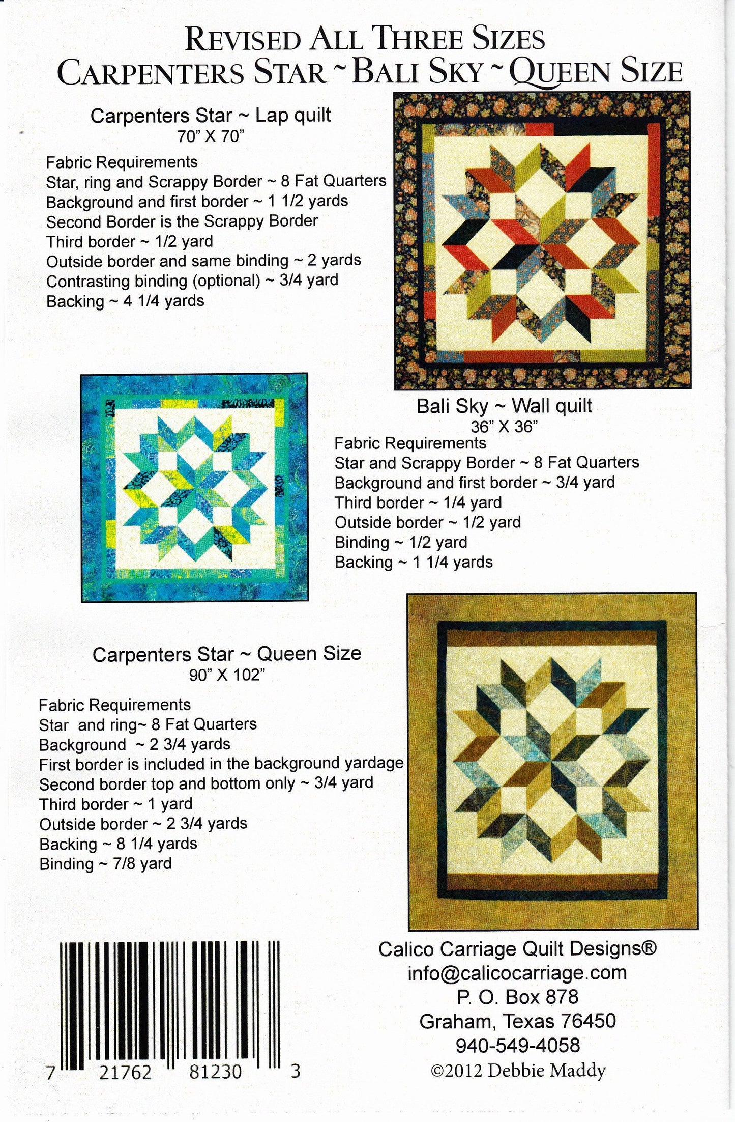Carpenter's Star Bali Sky Revised Quilt Pattern by Debbie Maddy from Calico Carraige - PAPER PATTERN