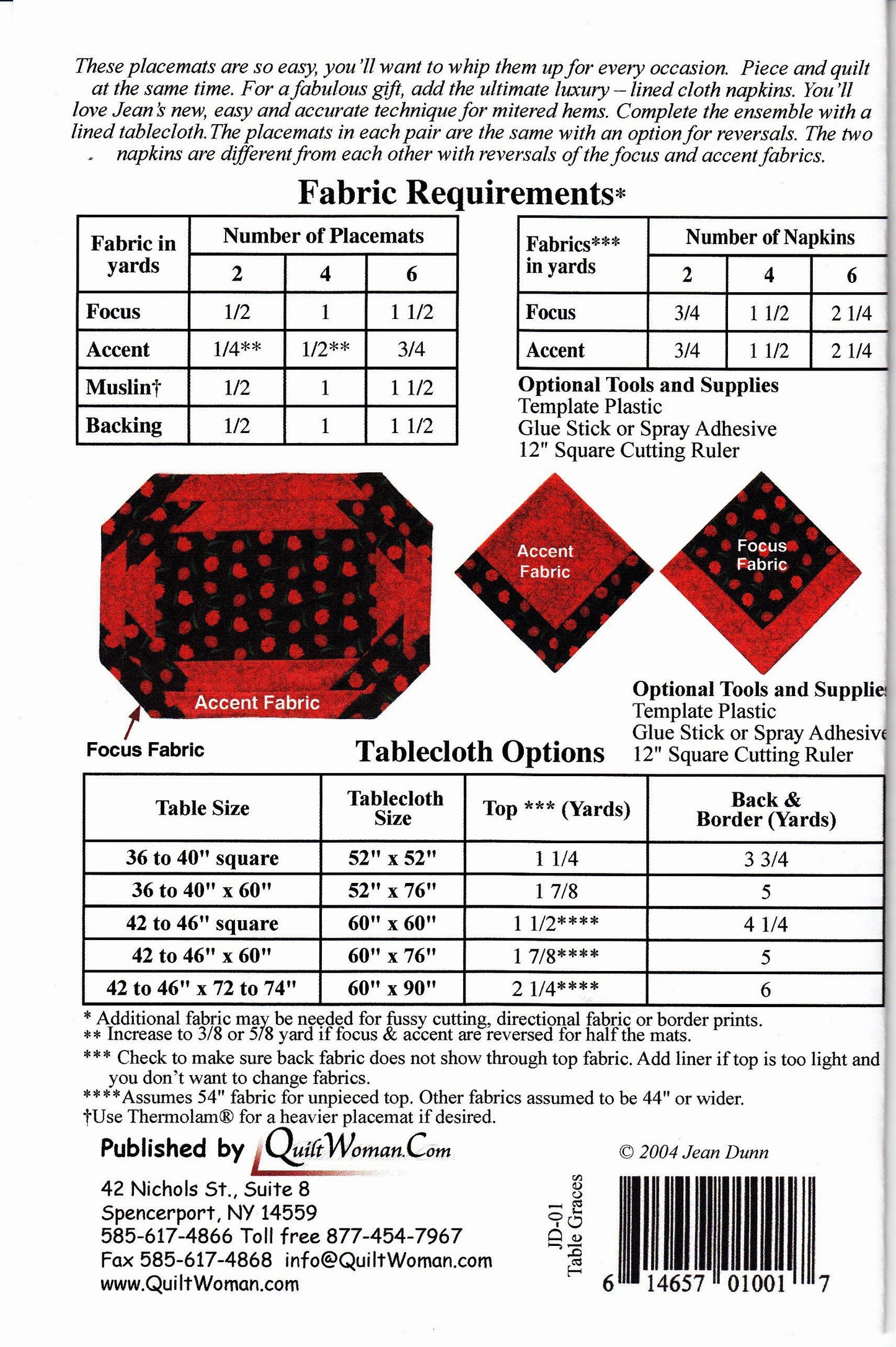 Table Graces (Jean Dunn) Placemats, napkins, and tablecloth pattern - PAPER PATTERN