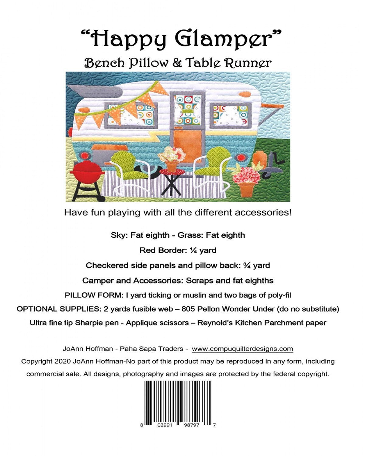 Happy Glamper Pattern Bench Pillow & Table Runner by JoAnn Hoffman - PAPER PATTERN