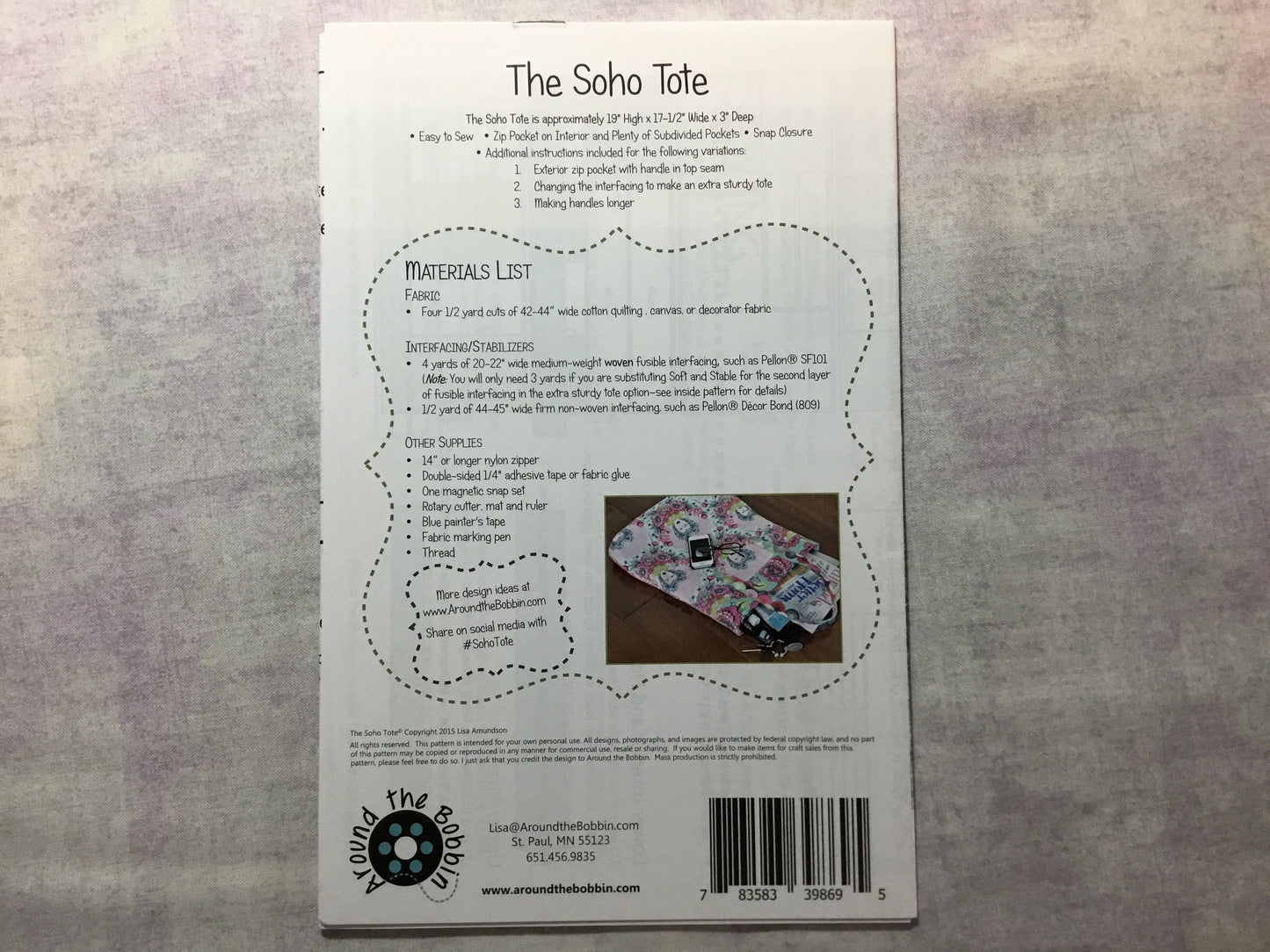 The Soho Tote Pattern by Around the Bobbin - PAPER PATTERN