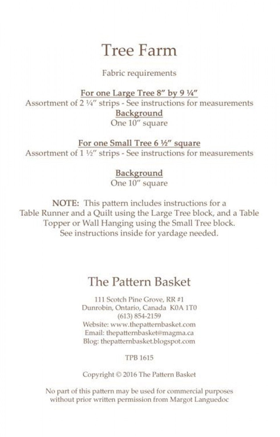 Tree Farm # TPB1615 Block Pattern by Margot Languedoc Designs for The Pattern Basket PAPER PATTERN