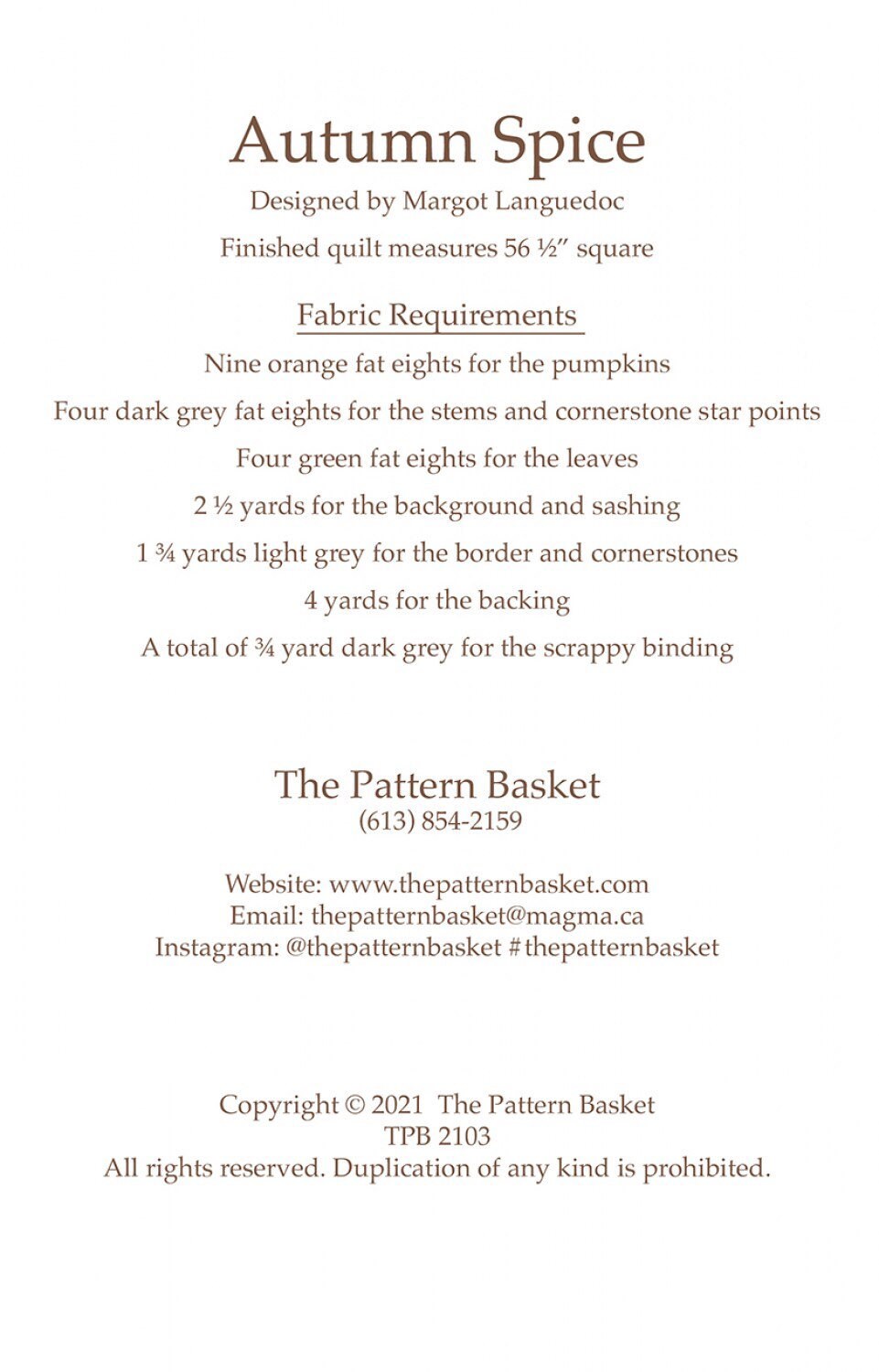 Autumn Spice #TPB2103 by Margot Languedoc Designs for The Pattern Basket PAPER PATTERN