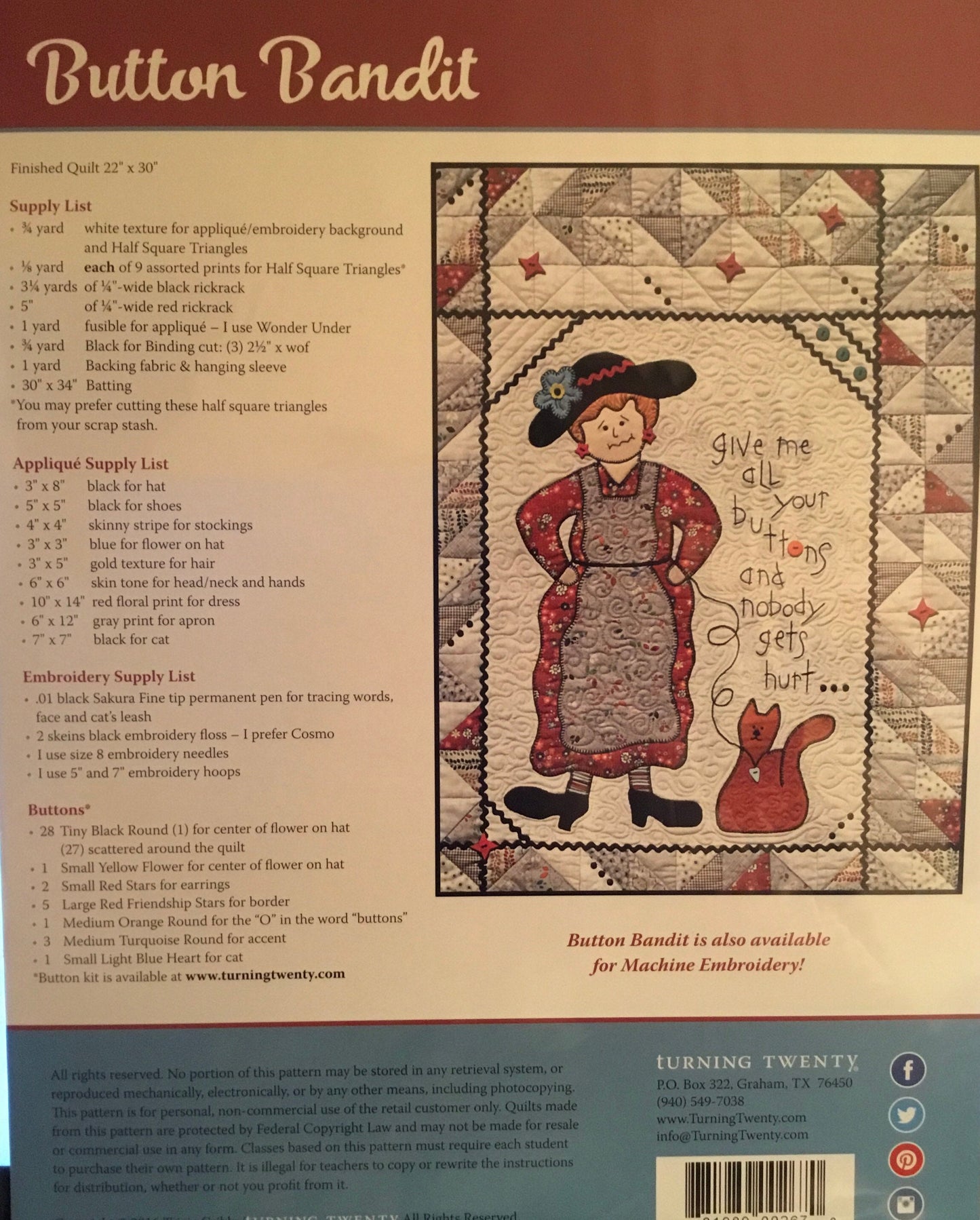 Button Bandit by Tricia Cribbs for Turning Twenty Applique 22" X 30" size PAPER PATTERN