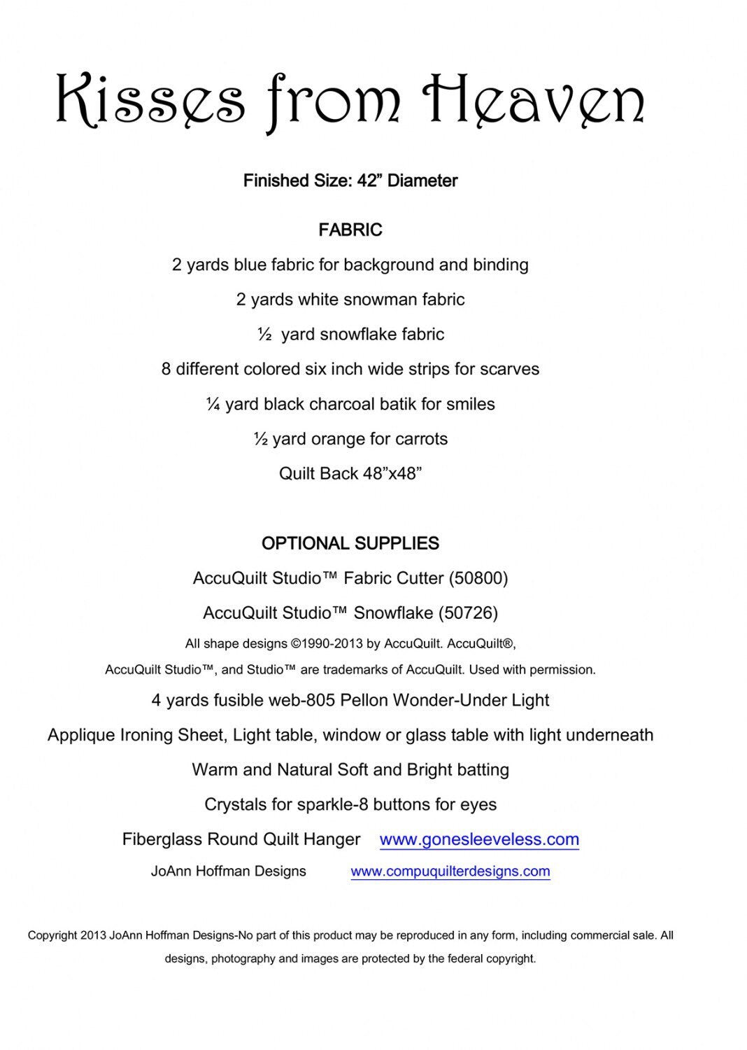 Kisses From Heaven from JoAnn Hoffman 42" diameter Applique PAPER PATTERN