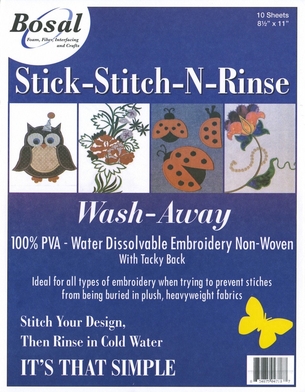 Bosal Stick-Stitch-N-Rinse Wash Away Stabilizer Ideal for Embroidery 10 sheets 8 1/2 x 11"