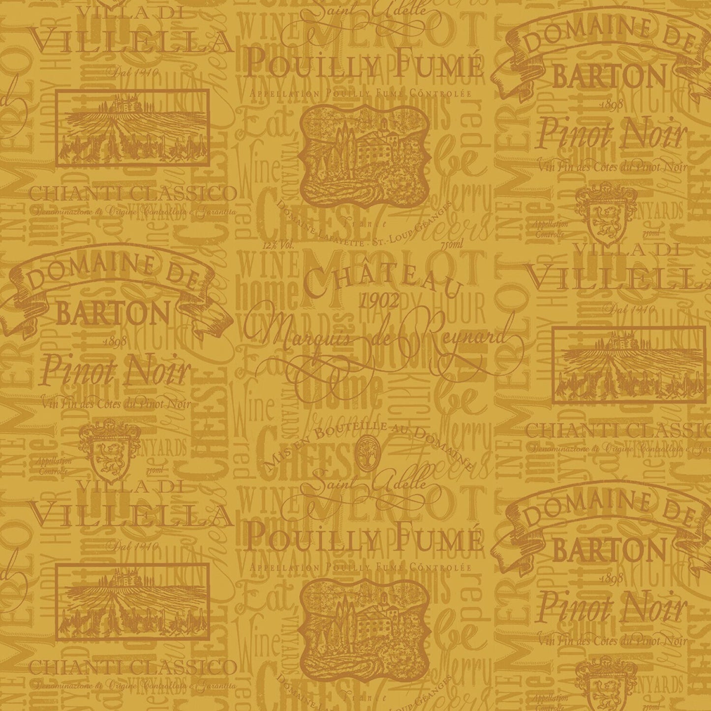 Wine Night Gold/Mustard Words Fabric by Henry Glass