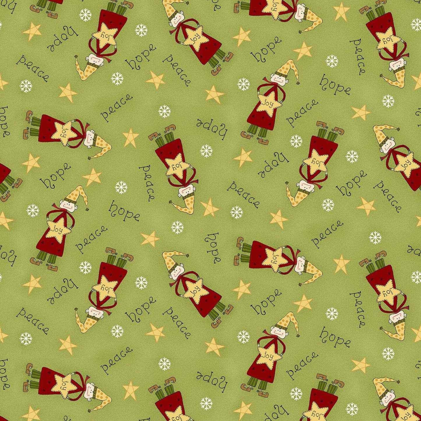 Henry Glass Green Tossed Christmas Elves fabric