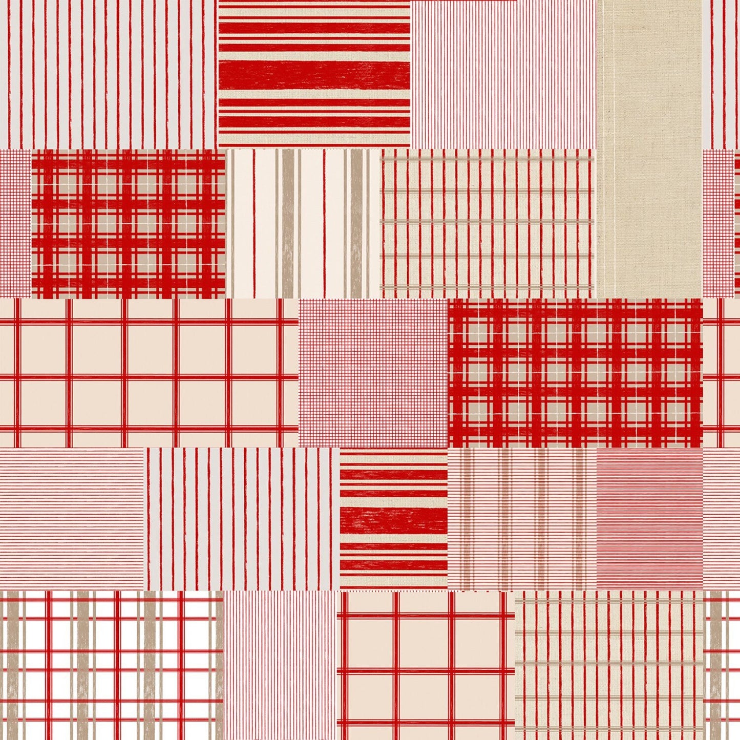 Studio E Red/Tan Patchwork of Plaid and Stripes from Christmas Memories Collection