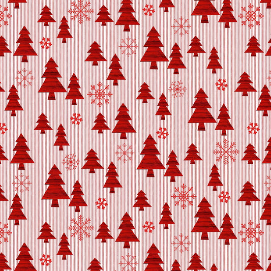 3/4 Yard Precut Studio E Red Trees on Small Stripe  from Christmas Memories Collection