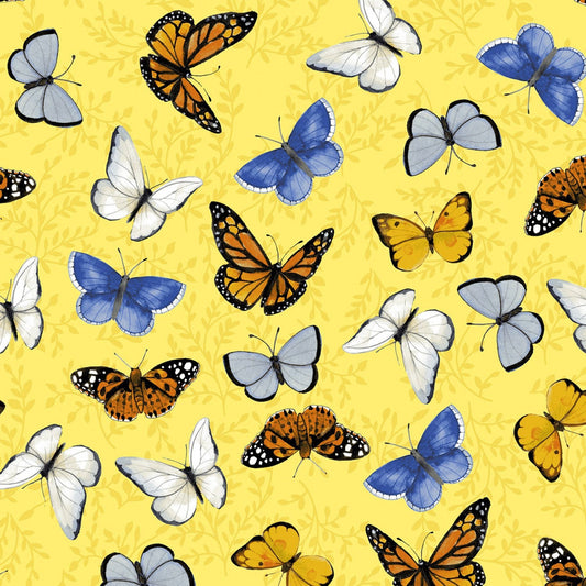 Yellow Butterflies Y3029-9 from Sunny Fields Collection by Sue Zipkin For Clothworks Cotton Fabric