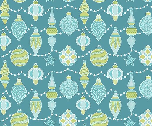 Ornaments on turquoise 10053-84 Cotton Fabric Sparkle Collection from Contempo Studio