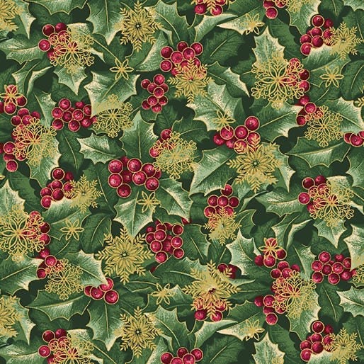 A Festive Season 2 - Holly with Flakes Green with Metallic Fabric 2654m-40 by Benartex