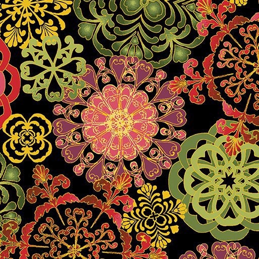 3/4 Yard Precut Benartex Golden Holiday Medallion Flowers on Black 10020m-12 Fabric