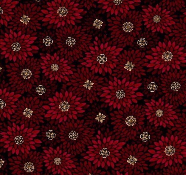 Benartex Golden Holiday Red Poinsettia Flowers on Black fabric