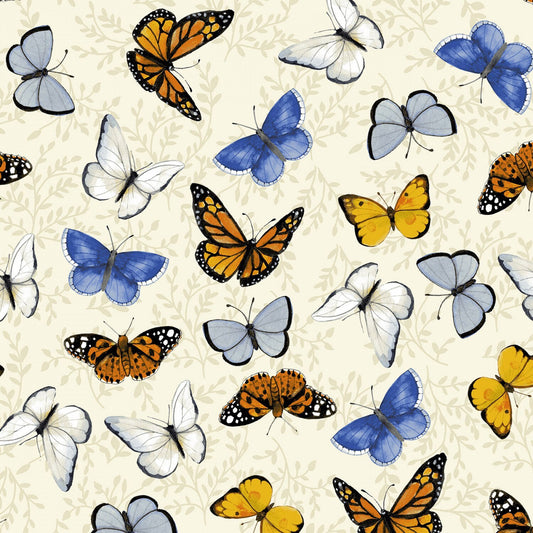 Cream Butterflies Y3029-57 from Sunny Fields Collection by Sue Zipkin For Clothworks Cotton Fabric