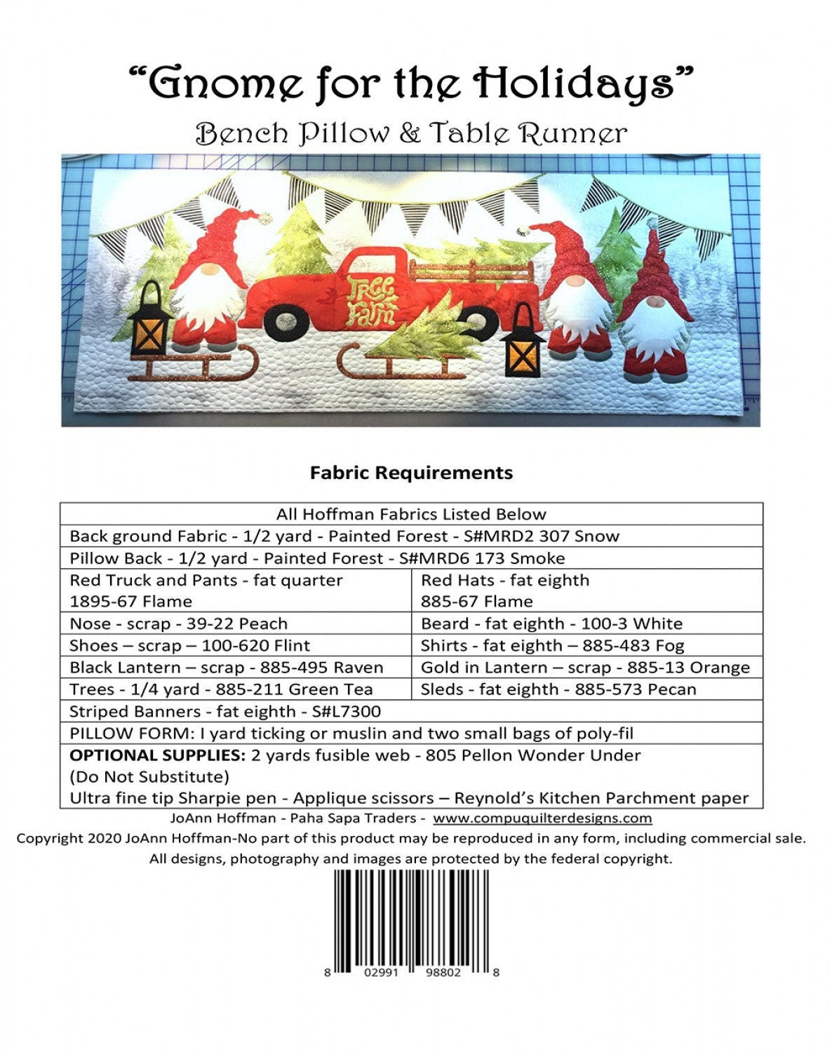 Gnome for the Holidays Bench Pillow & Table Runner by JoAnn Hoffman Pattern - PAPER PATTERN