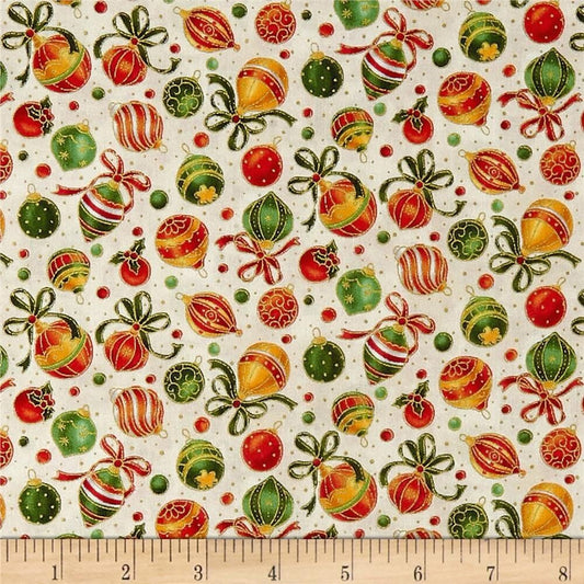 Seasons Greetings Ornaments metallic 10318-00901 for Paintbrush Studio Cotton Fabric