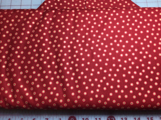 Benartex Happy Holidays Coordinates Dots with gold metallic on Red Cotton fabric 4581m-10