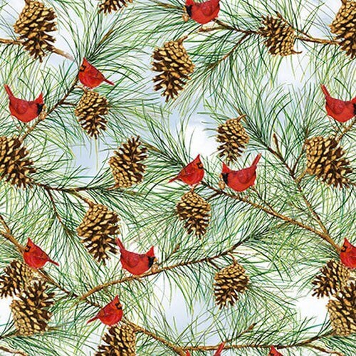 Pine Cones and Cardinals 1633-16 - Snow Days Cotton Fabric from Henry Glass