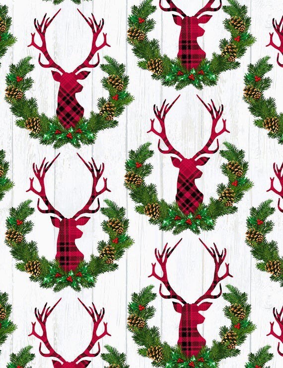 Timeless Treasures Holiday Deer in Holly Wreath C7112 Cotton Fabric