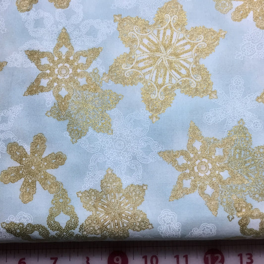 Gold Snowflakes on Light Blue from Holiday Flourish 7 Robert Kaufman Cotton fabric APTM-14553-274 Pine