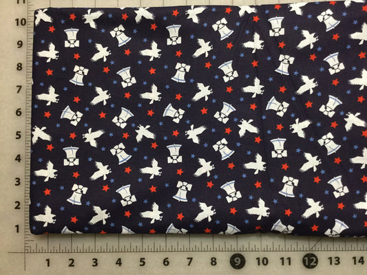 White Liberty Bell and Eagles on Navy background with Red and Blue Stars Patriotic Cotton Fabric from Checkers Fabrics