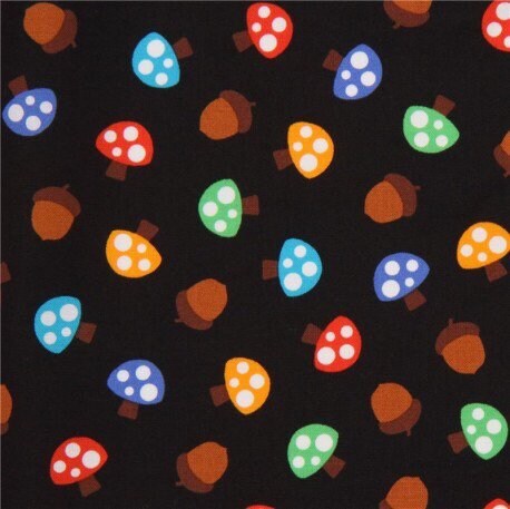 Mushrooms and Acorns on Black 7319-094 from Hello Foxy Collection for Blank Quilting Corporation Cotton Fabric