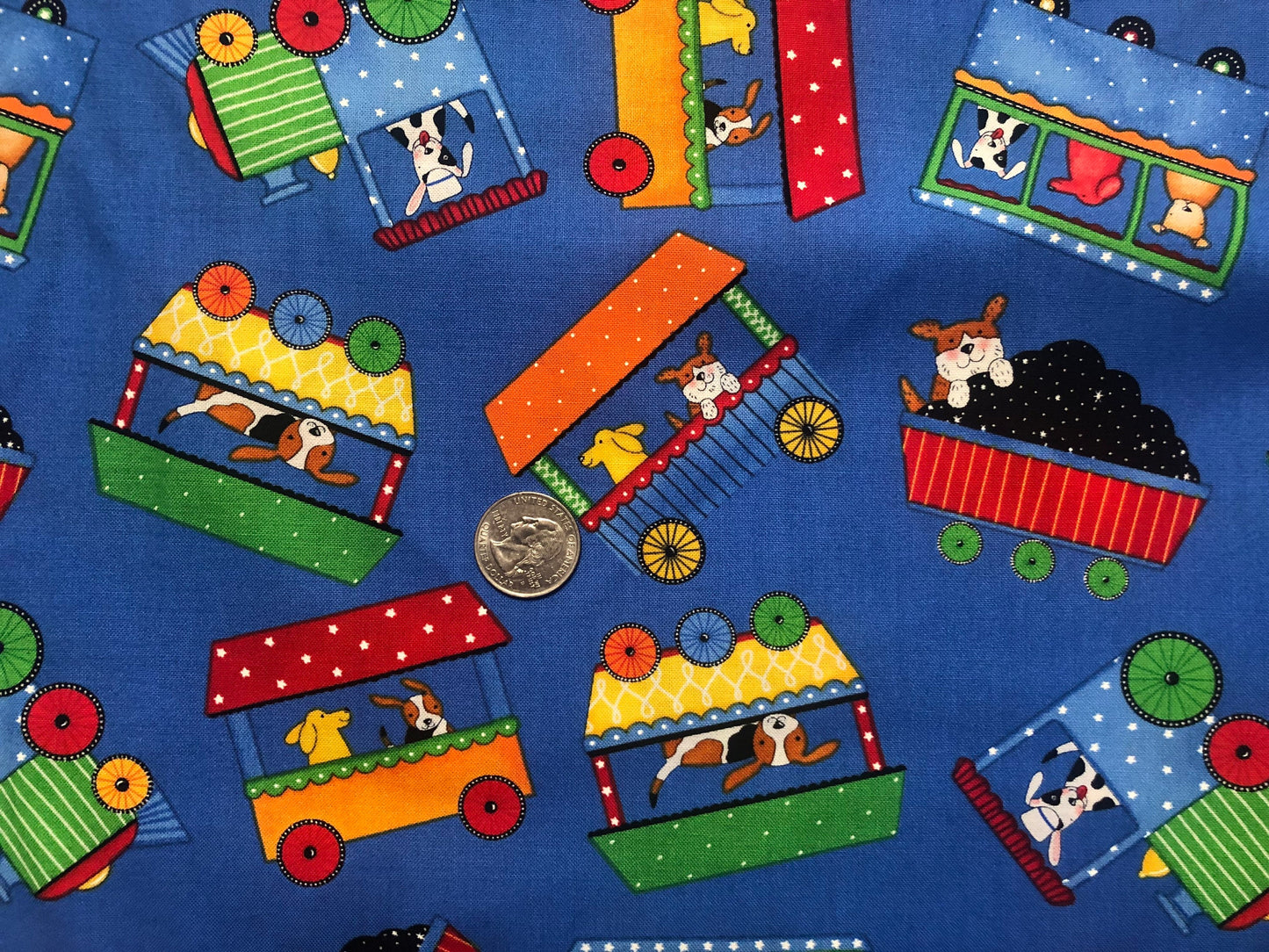 3/4 Yard Precut Dogs on Train Cars C5323 by Kate Honarvar for Timeless Treasures Cotton Fabric