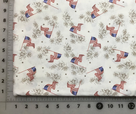 Waving Flags and Gold Fireworks Patriotic Cotton Fabric from Checkers Fabrics