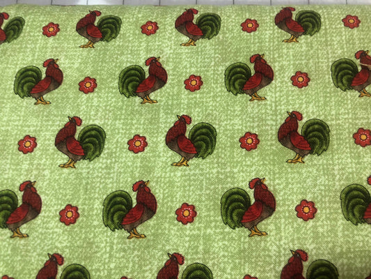 Roosters on Green 6047-40 from Folk Art Collection for Benartex - Cotton Fabric