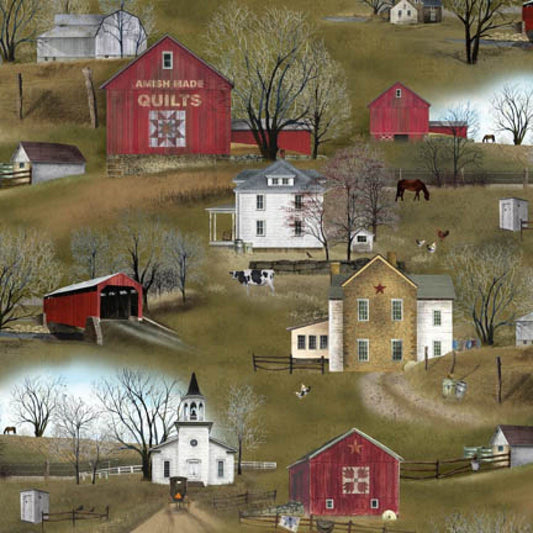 Houses and Barns on Green 4701green Headin Home cotton fabric by Elizabeths Studio