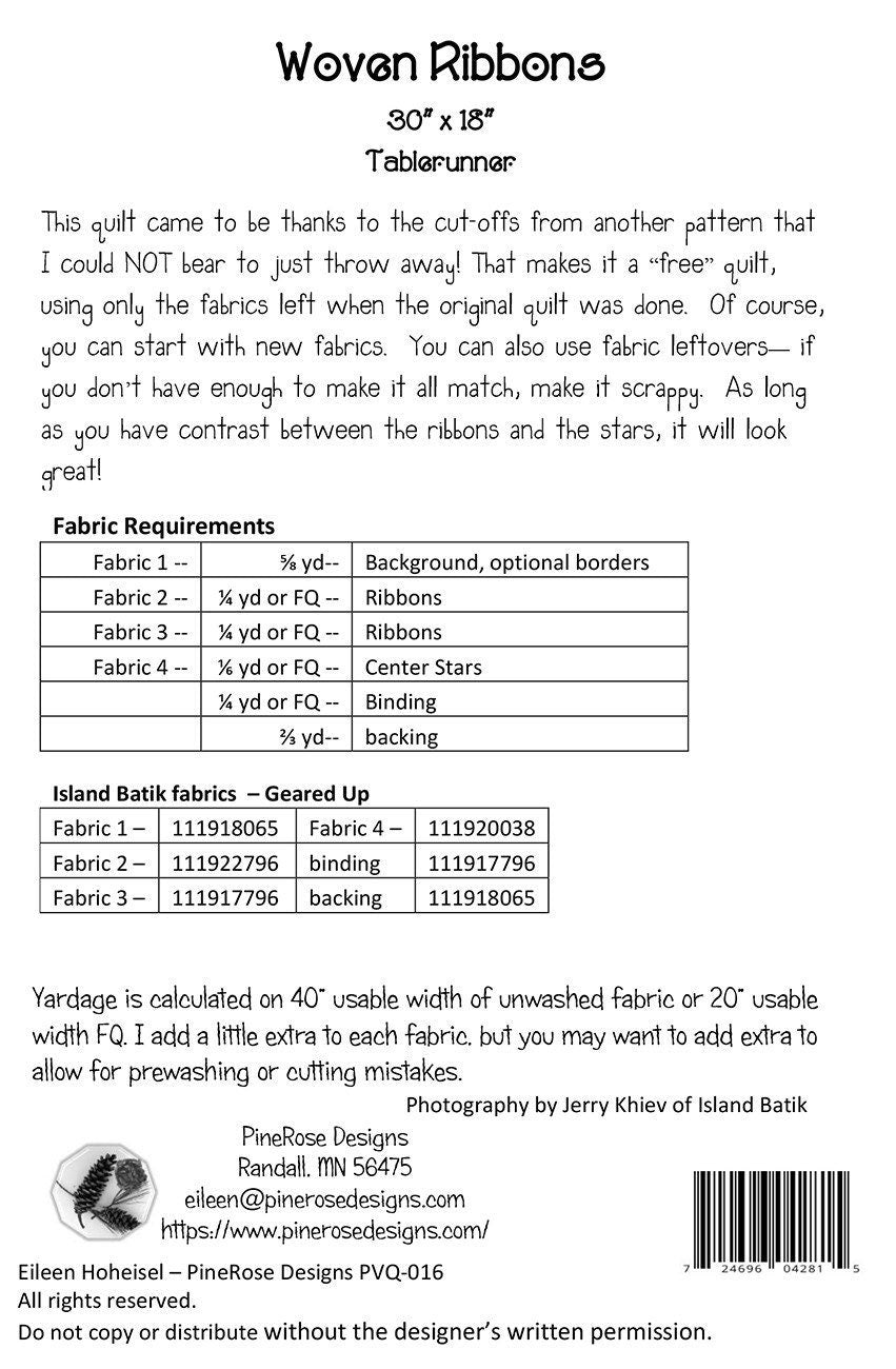 Woven Ribbons Tablerunner Pattern PVQ-016 From Pinerose Designs By Hoheisel, Eileen - PAPER PATTERN