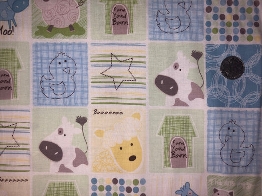 Animal Blocks Blue/Green/Yellow from Farmyard Friends for Studio E Cotton Fabric