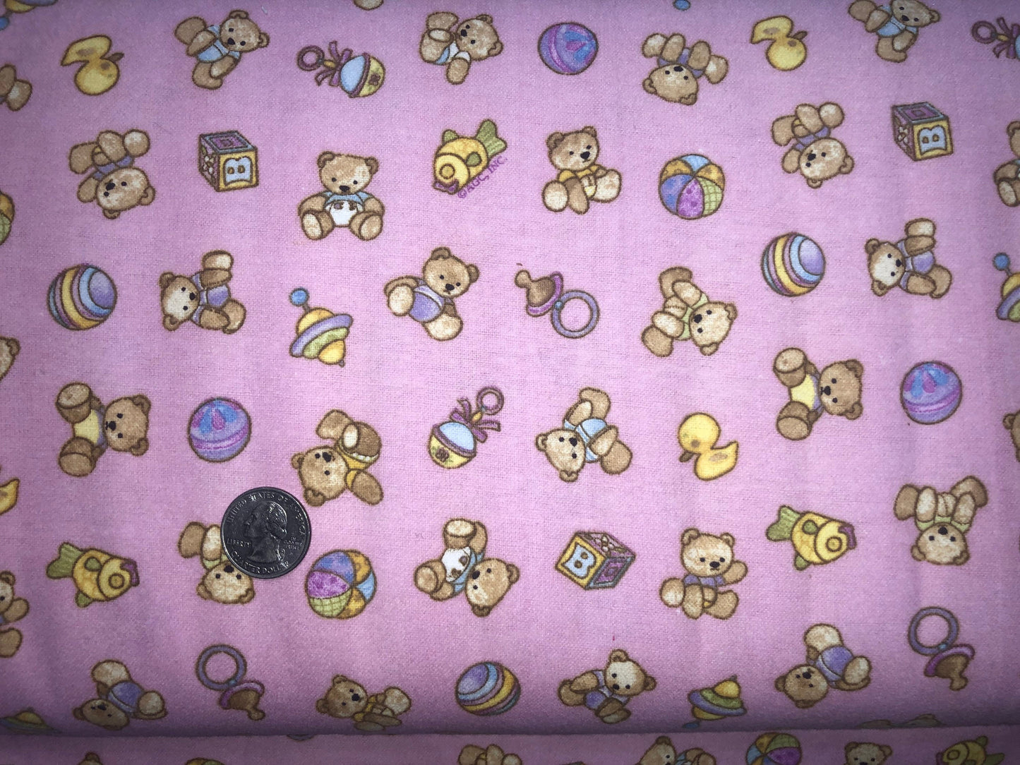 Baby Bears and Toys all Over on Pink Flannel From American Greetings for David Textiles Fabric