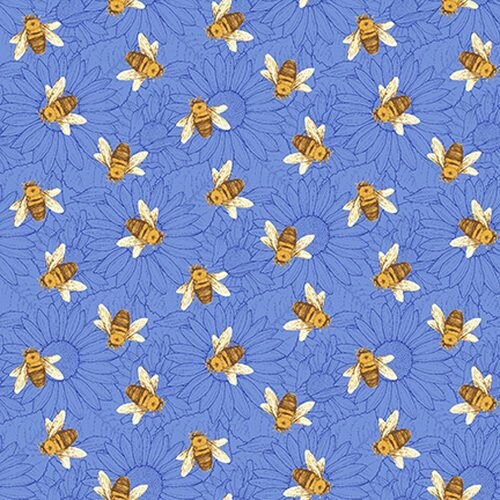 Bees on Blue Sunflower Monontone Background 1384-74 - My Sunflower Garden Collection by Jane Shasky for Henry Glass and Co. Cotton Fabric