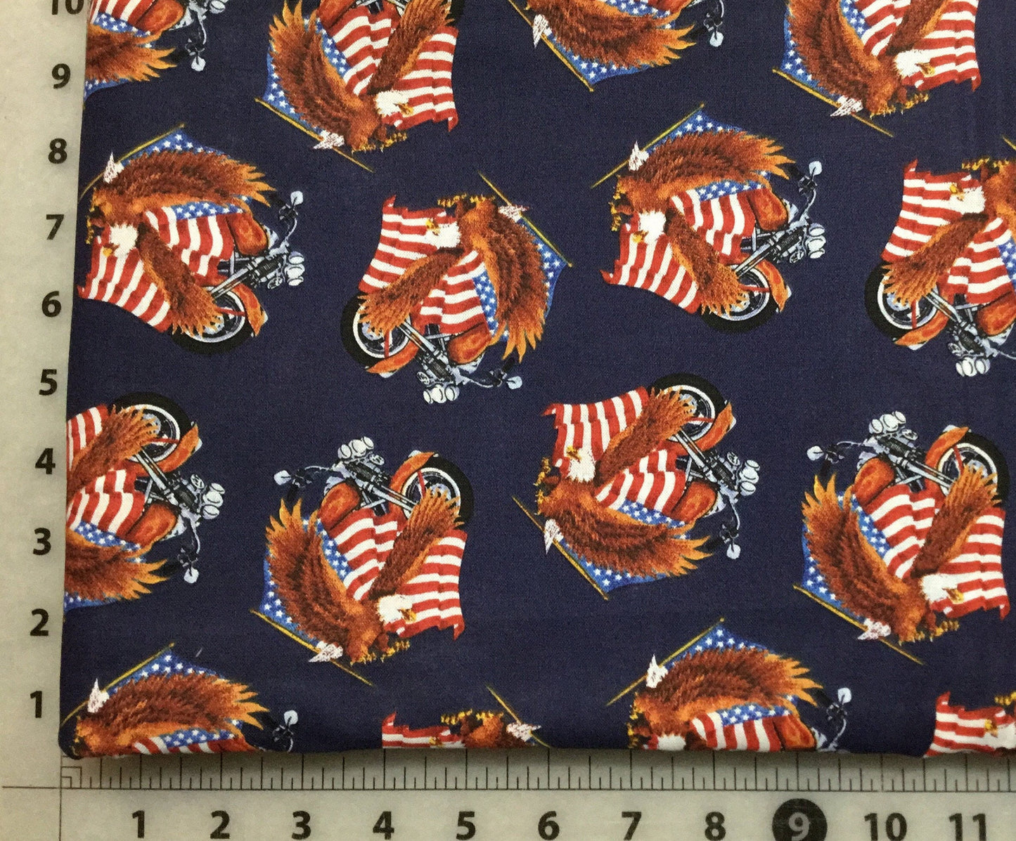 Eagle on Waving Flag and Motorcycle on Blue background Patriotic Cotton Fabric from Checker Fabrics