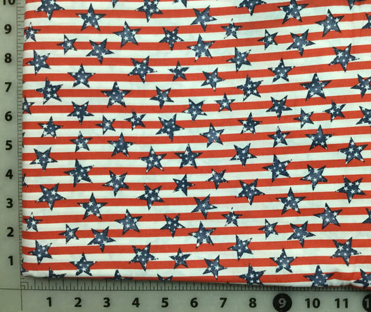 Blue Stars with small White Stars on Red and White Striped Background Patriotic Cotton Fabric from Checker Fabrics