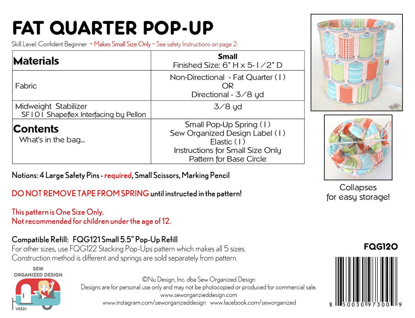 Fat Quarter Pop-Up Pattern and Small Pop-Up refill included by Sew Organized Designs (formerly Fat Quarter Gypsy) PAPER PATTERN