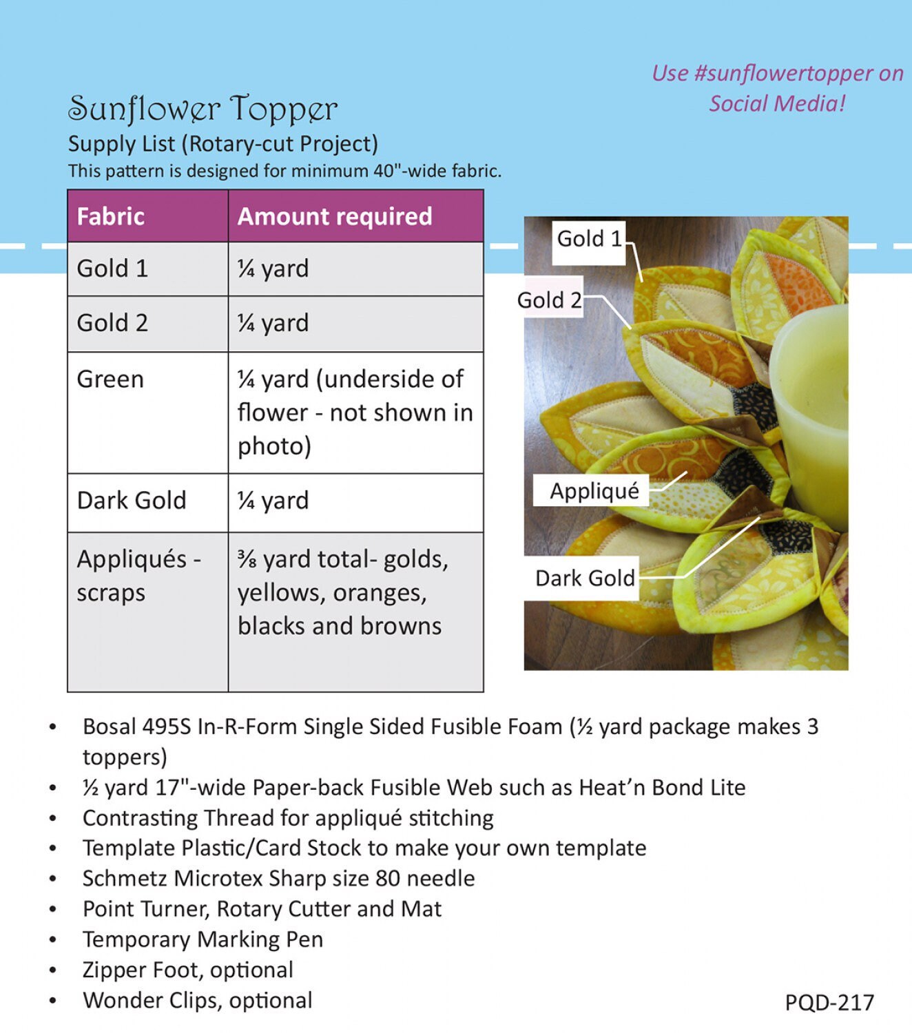 Sunflower Topper Pattern # PQD-217 by Poorhouse Quilt Designs PAPER PATTERN