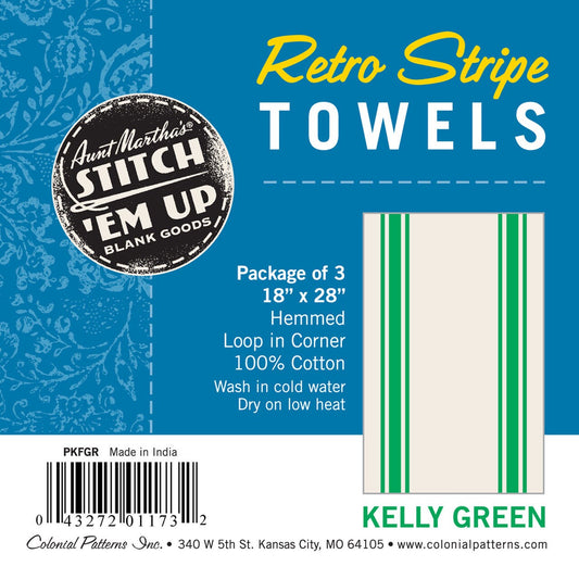 Aunt Martha’s Stitch ‘Em Up Retro Stripe Towels Kelly Green 18" X 28" Cotton Package of 3