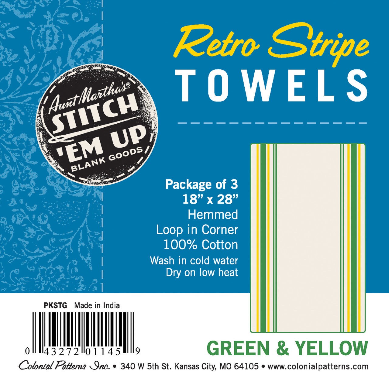 Aunt Martha’s Stitch ‘Em Up Retro Stripe Towels  Green and Yellow 18" X 28" Cotton Package of 3