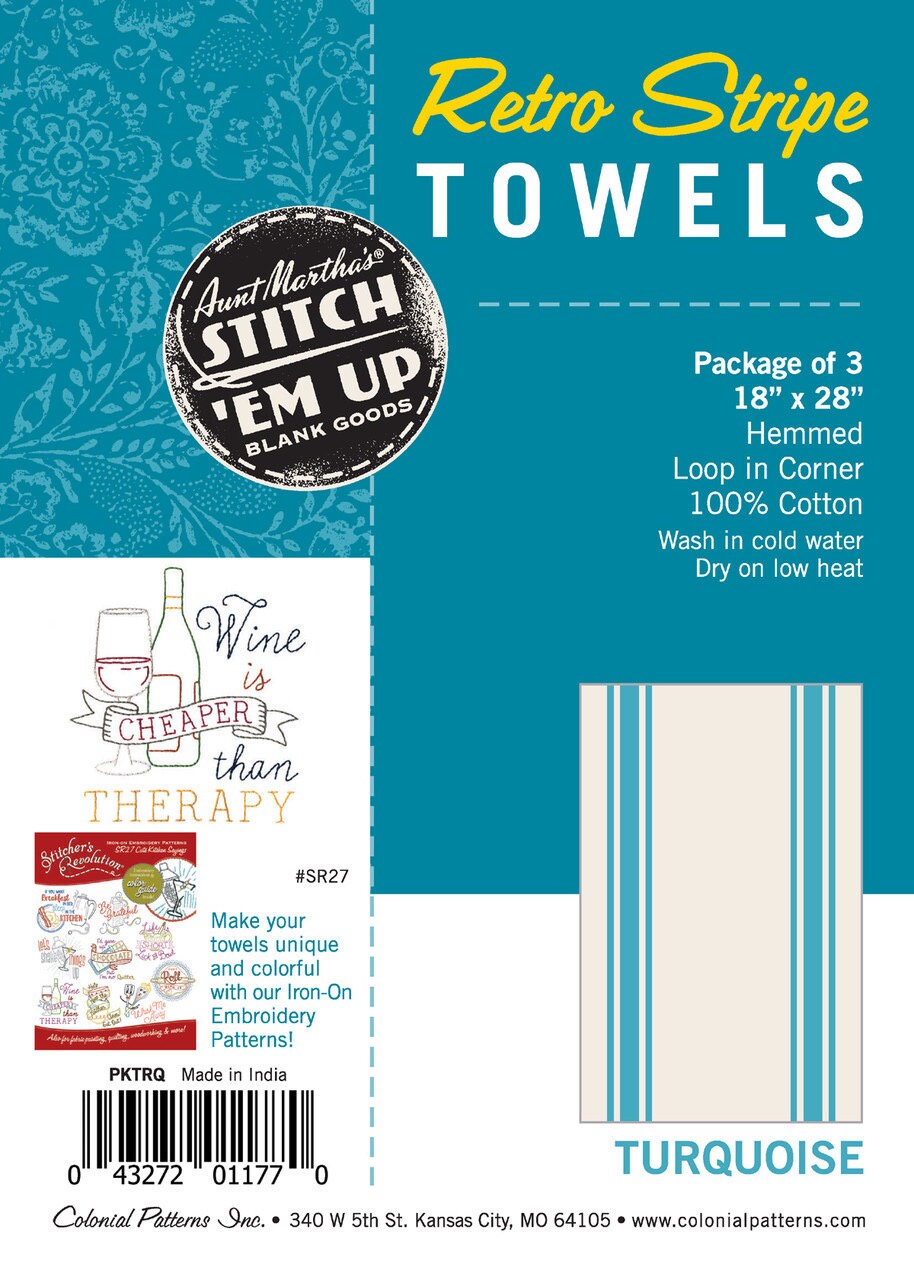 Aunt Martha’s Stitch ‘Em Up Retro Stripe Towels Turquoise 18" X 28" Cotton Package of 3