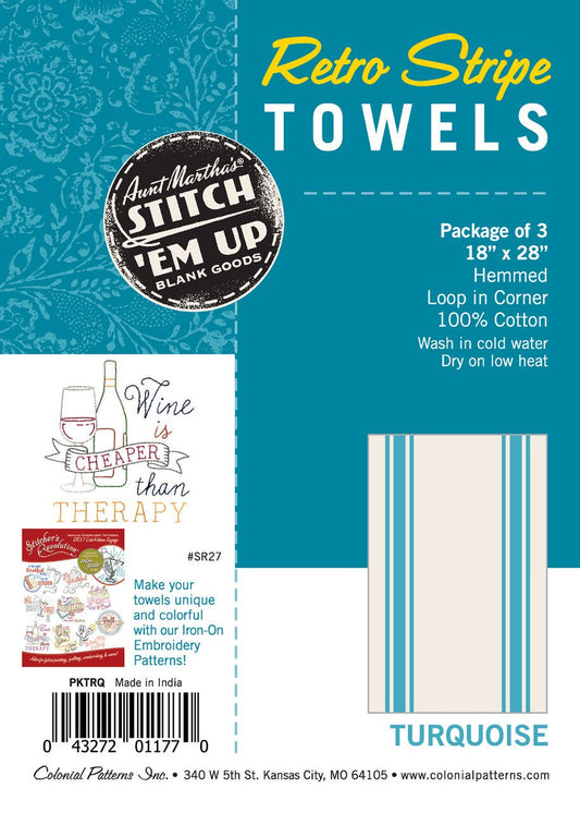 Aunt Martha’s Stitch ‘Em Up Retro Stripe Towels Turquoise 18" X 28" Cotton Package of 3