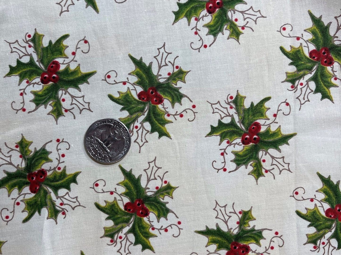 Holly Days Greetings Mistletoe on Cream Cotton Fabric by Troy Corporation Riverwoods 1234-1